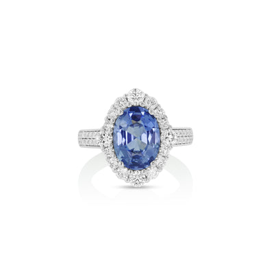 Platinum Halo Sapphire and Natural Diamond Ring Size 6.5