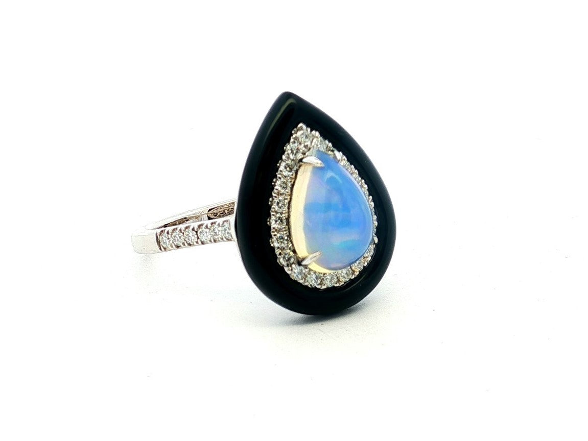 14K White Solitaire Opal and Natural Diamond Ring Size 6.75
