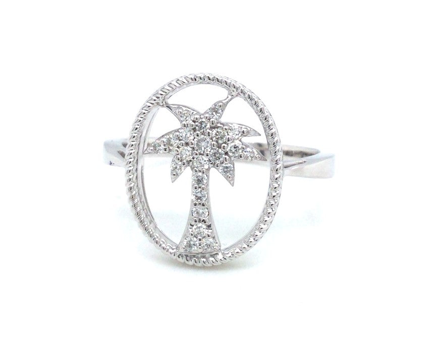 14K White Palm Tree Natural Diamond Ring Size 8.5