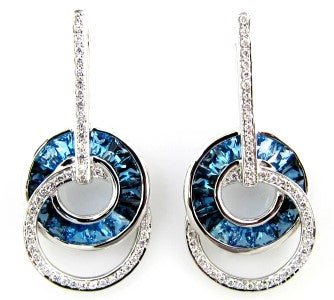 14K White Blue Topaz and Natural Diamond Dangle Earrings