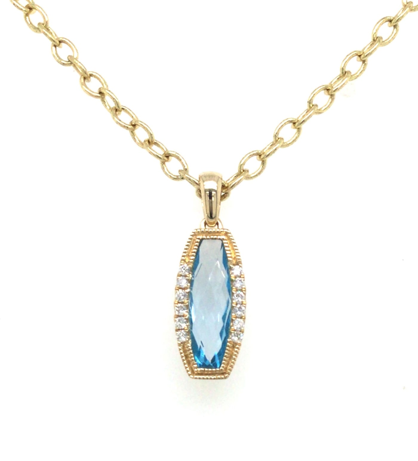 14K Yellow Blue Topaz and Natural Diamond Pendant