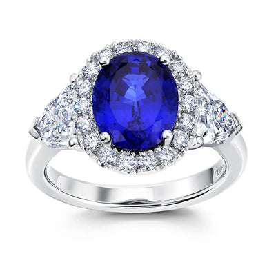 18K White Chatham Blue Sapphire and Lab Grown Diamond Ring Size 6.5