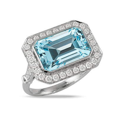 18K White Halo Sky Blue Topaz and Natural Diamond Ring Size 6.5