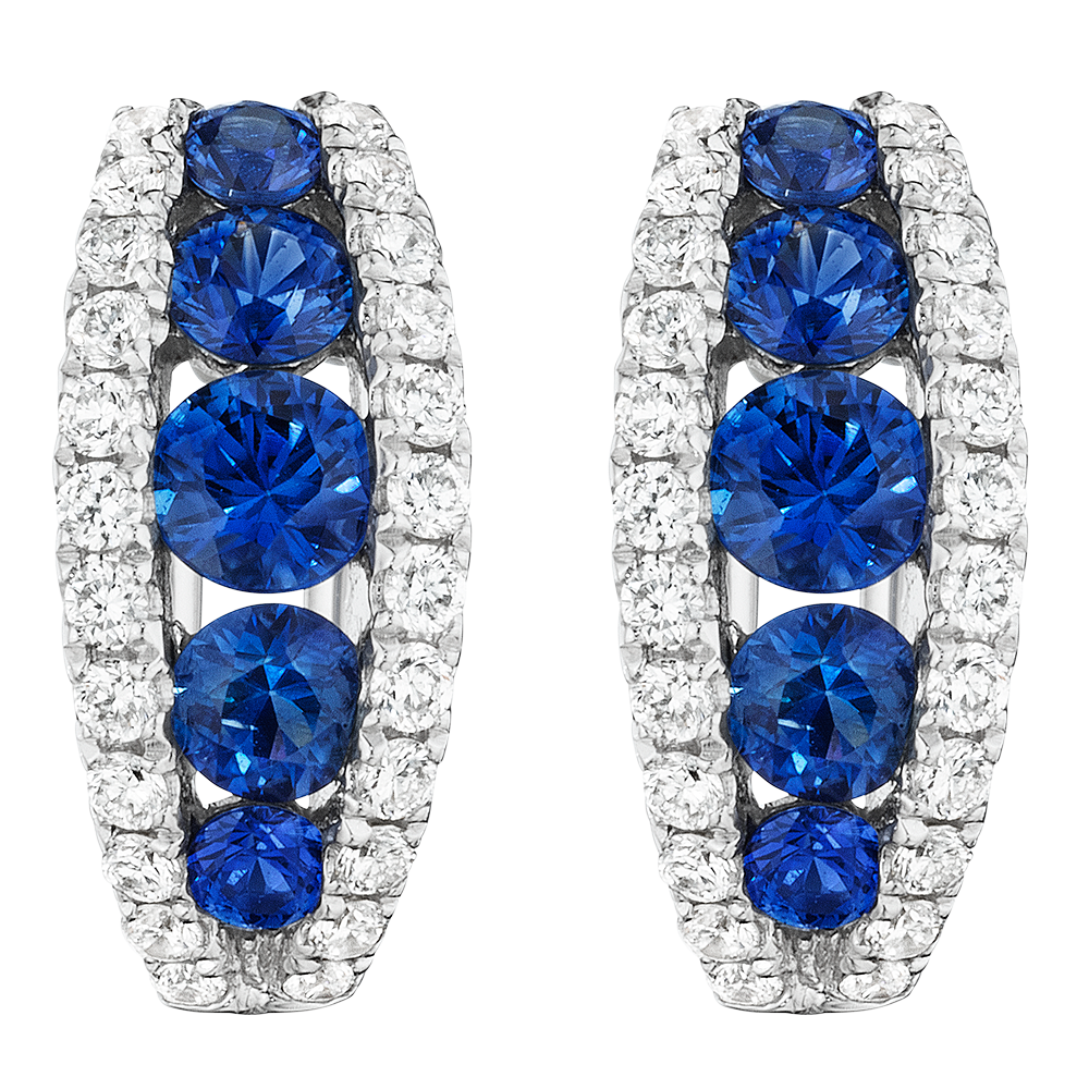 18K White Blue Sapphire and Natural Diamond Hoop Earrings