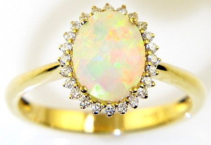14K Yellow Halo Opal and Natural Diamond Ring Size 7