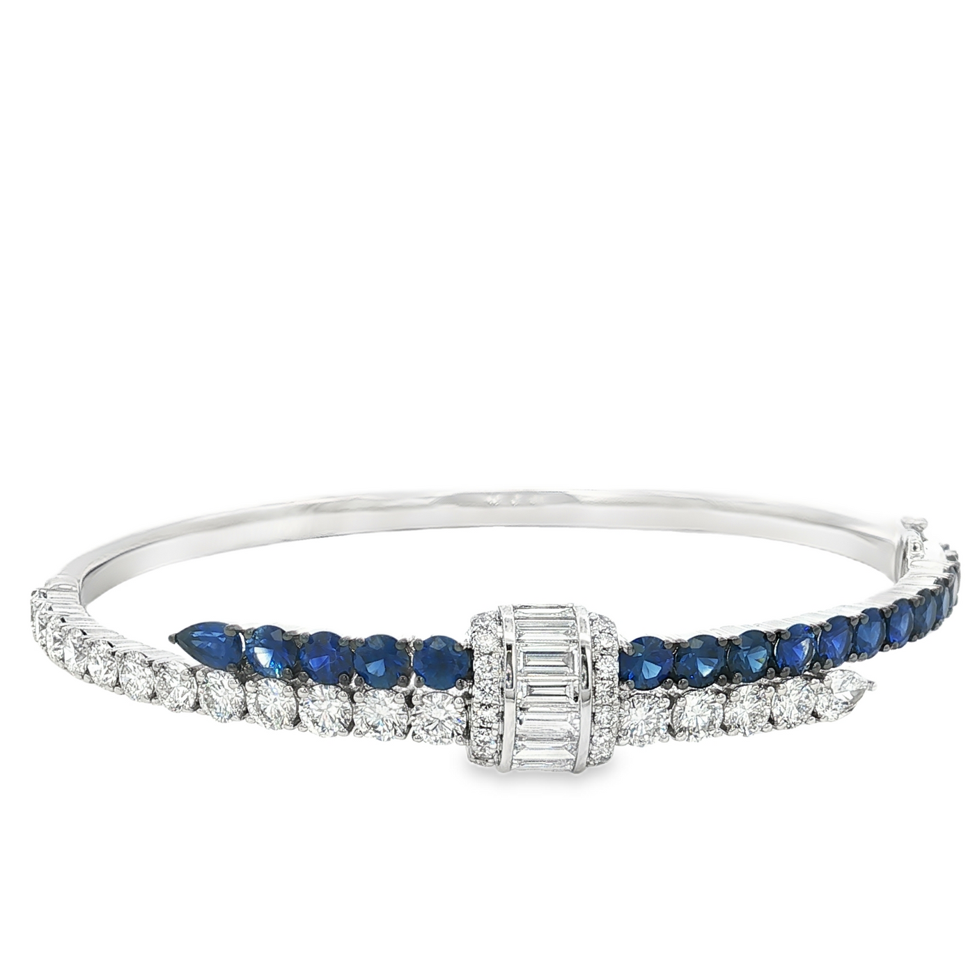 18K White Gold Blue Sapphire and Natural Diamond Hinged Bangle Bracelet