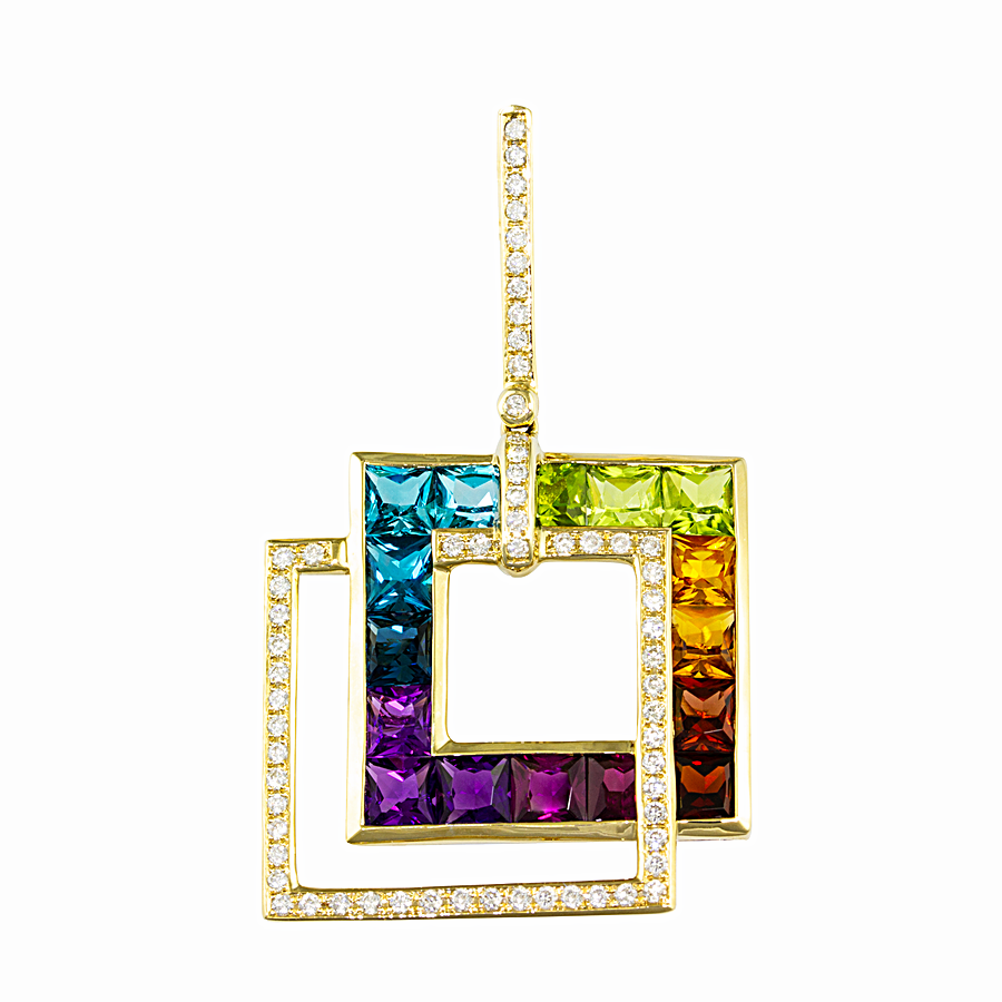 14K Yellow Multi-Colored Gemstone and Natural Diamond Pendant