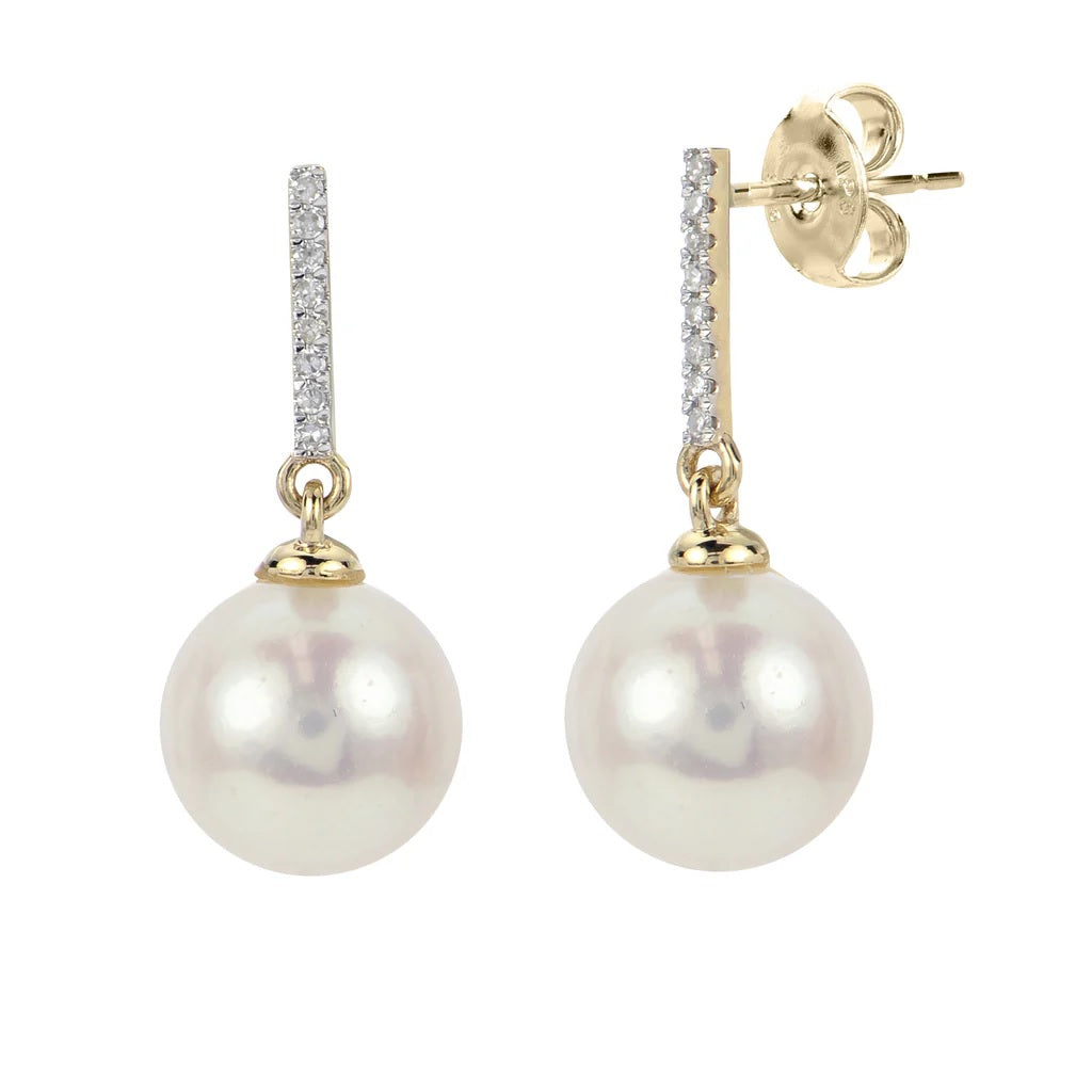 14K Yellow 9 mm Grade A A Cultured Fresh Water Pearl and Natural Diamond Dangle Earrings