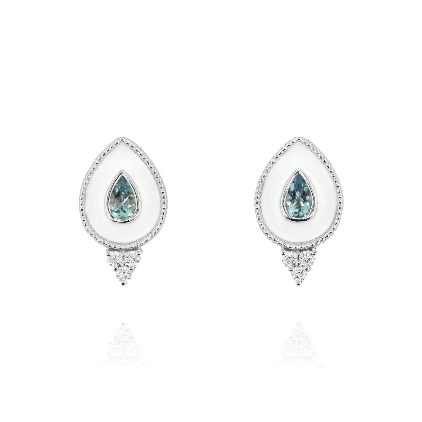 14K White White Enamel, Aquamarine and Natural Diamond Stud Earrings