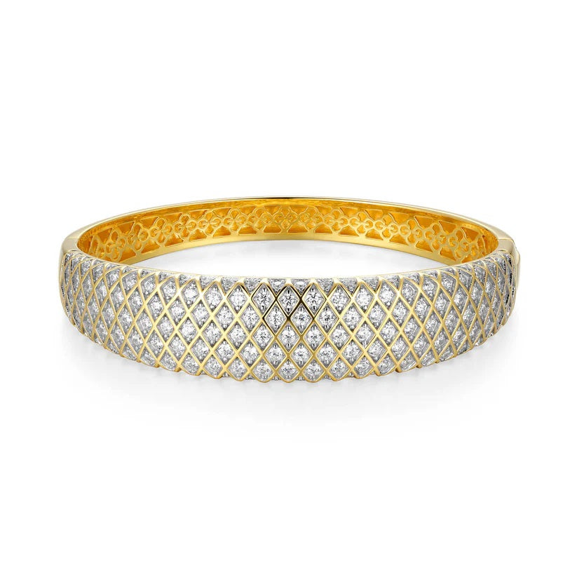Sterling/14K Gold Finish Hinged Bangle Bracelet with Cubic Zirconium Size 6.75