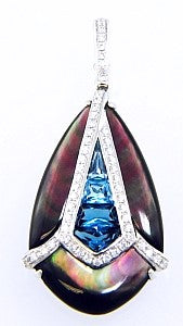 14K White Black Mother of Pearl, Blue Topaz and Natural Diamond Pendant