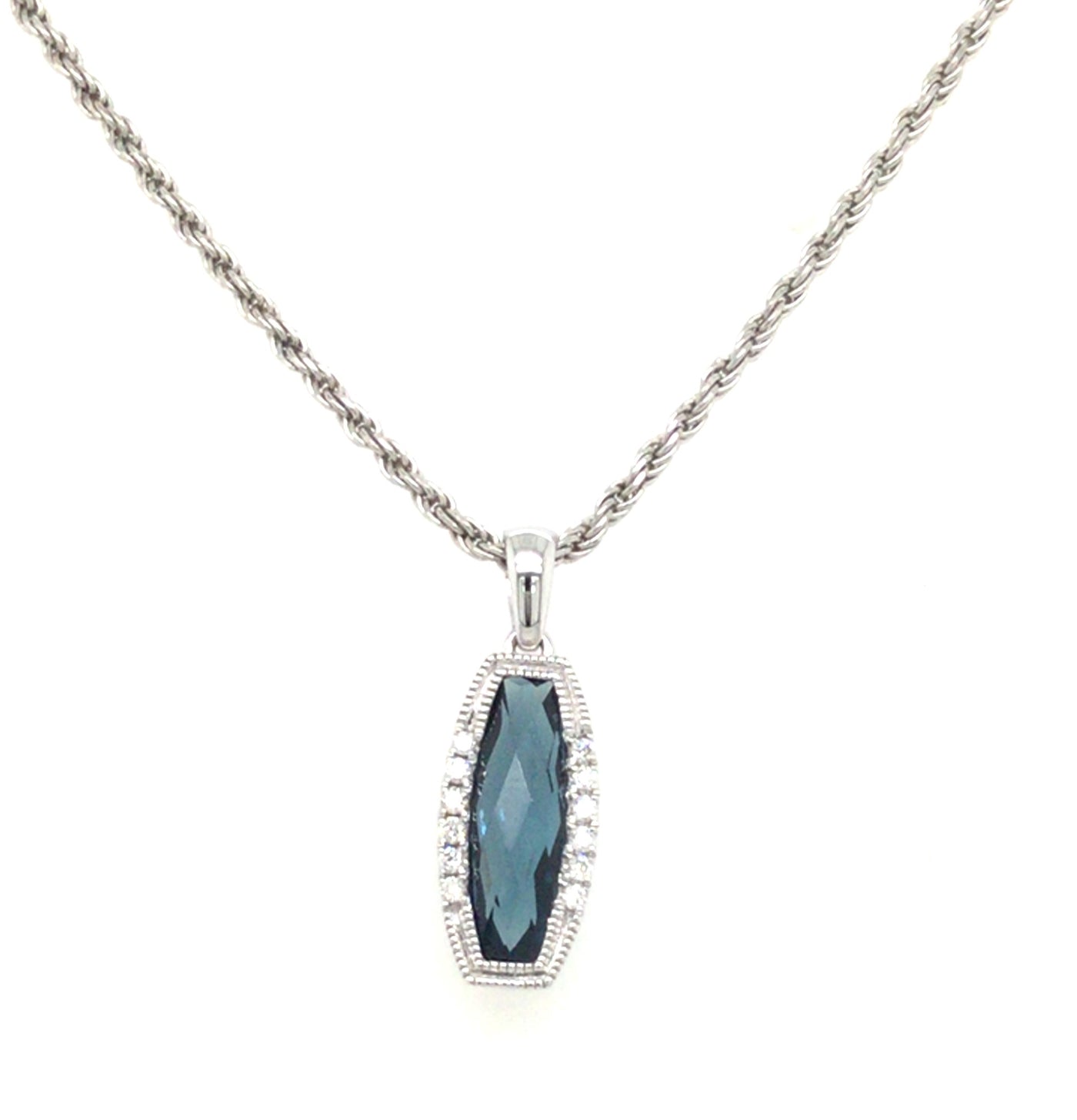 14K White London Blue Topaz and Natural Diamond Pendant