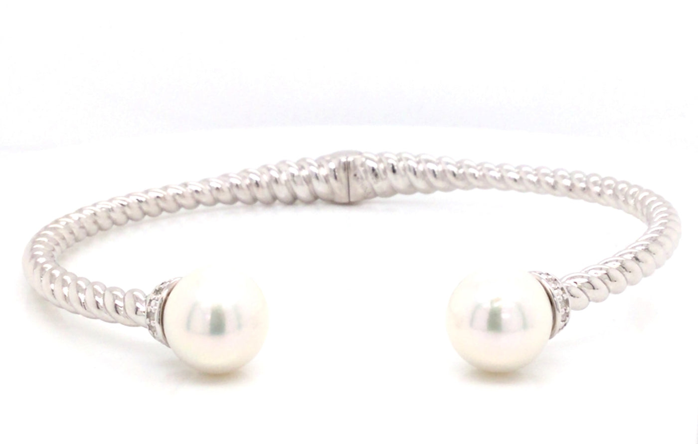 7 inch 10-11 mm Fresh Water Pearl and White Topaz Sterling Silver Hinged Bangle Bracelet