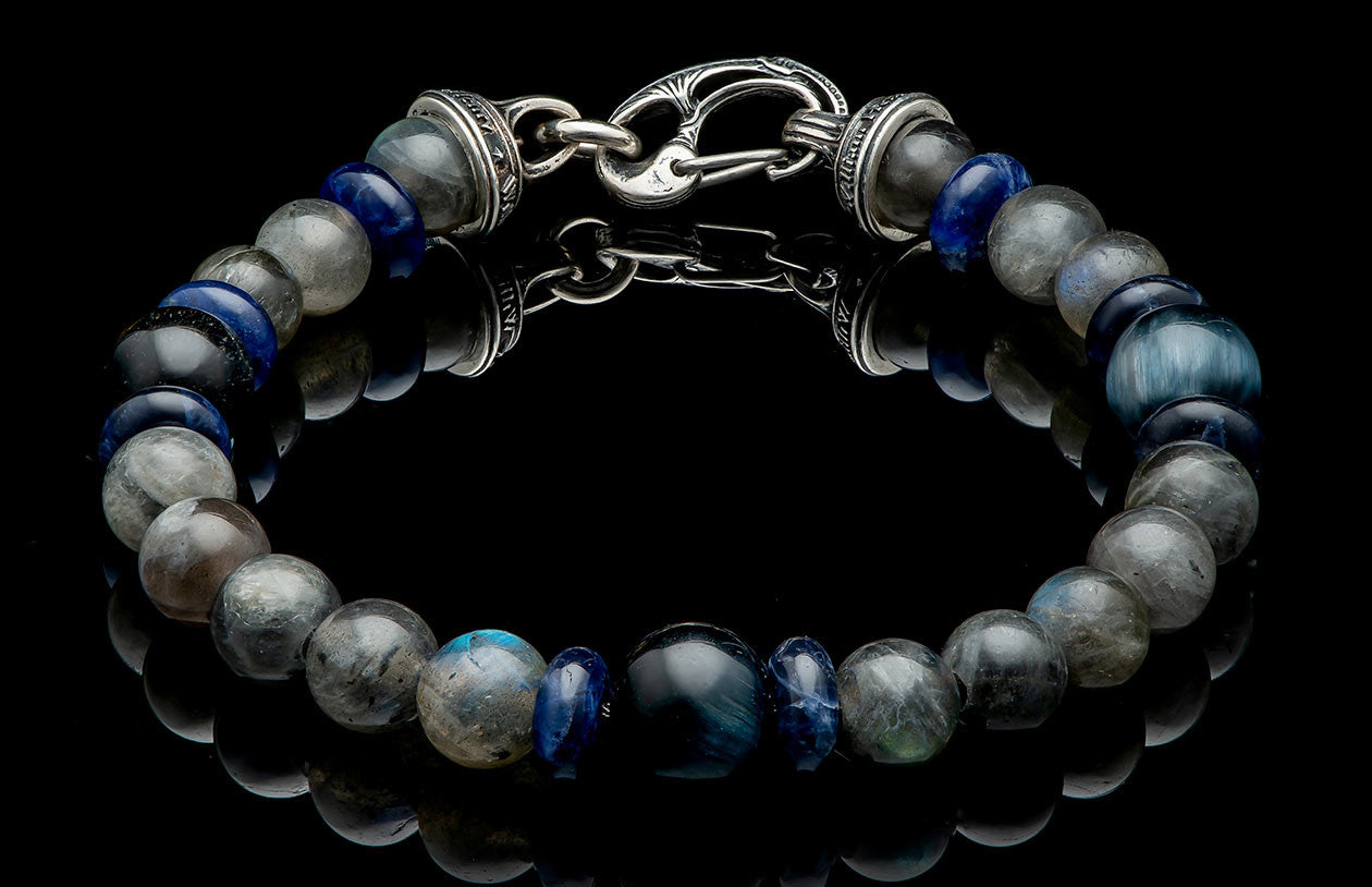 Sterling Silver "MAGICIAN" Blue Tiger Eye, Sodalite 8.5 inch Bracelet