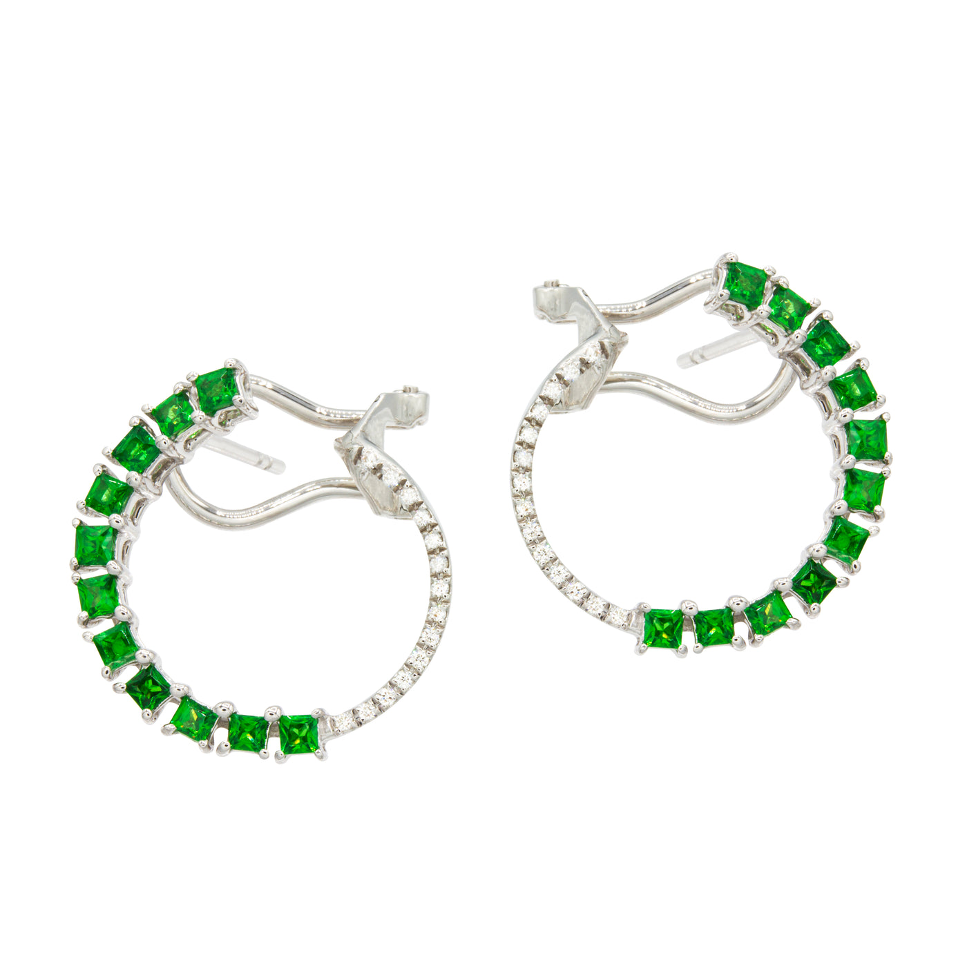 14K White Tsavorite Garnet and Natural Diamond Hoop Earrings