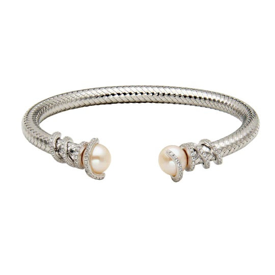 Sterling/Rhodium Pearl Bracelet with Cubic Zirconium Size 6.75