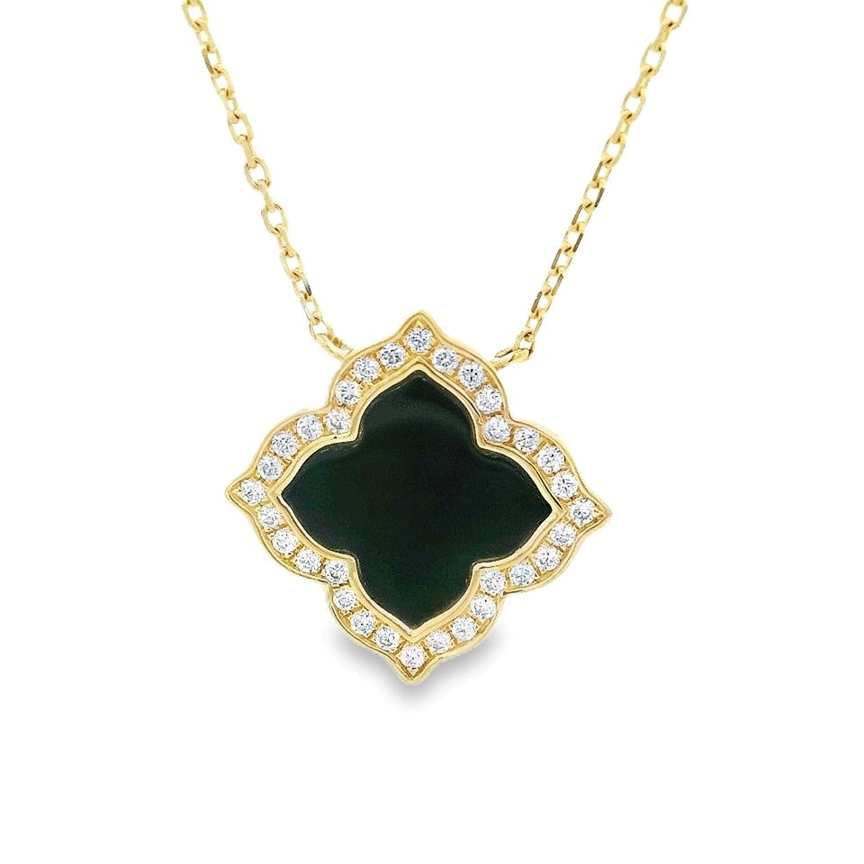 14K Yellow Black Onyx and Natural Diamond 18 inch Necklace