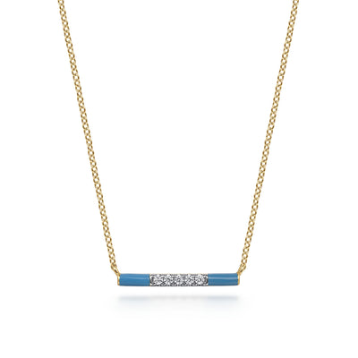 14K Yellow Blue Enamel and Natural Diamond 17.5 inch Necklace