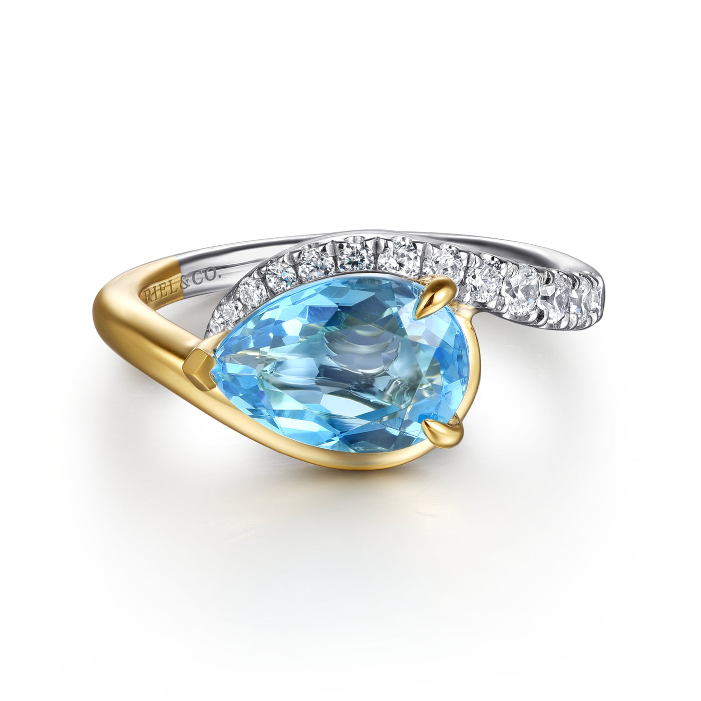 14K Yellow & White Bypass Blue Topaz and Natural Diamond Ring Size 6.5
