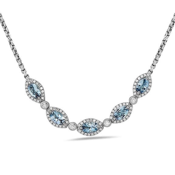 18K White Aquamarine and Natural Diamond 17 inch Necklace