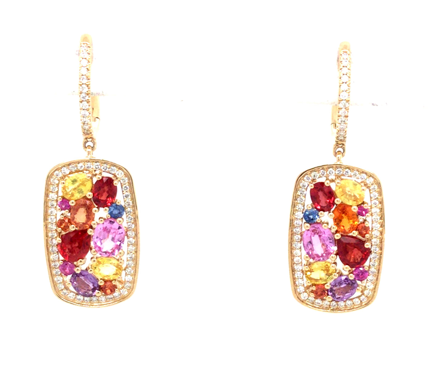 14K Yellow Multi-Colored Sapphires and Natural Diamond Dangle Earrings
