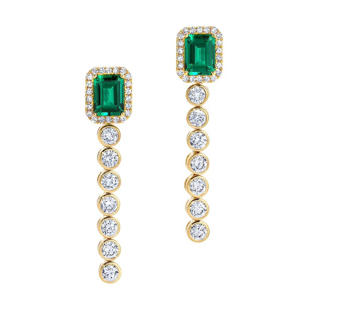 14K Yellow Gold Chatham Emerald and Natural Diamond Earrings