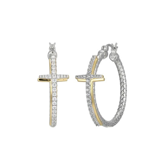 Sterling/14K Gold Finish Cross Hoop Earrings with Cubic Zirconium 35 mm