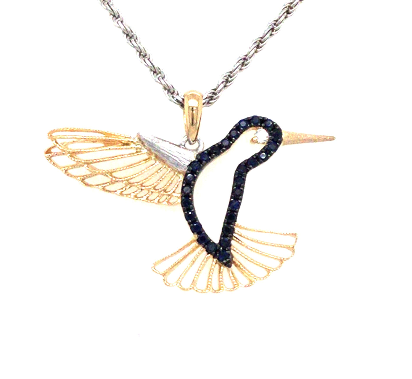 14K Yellow & White Blue Sapphire and Natural Diamond Hummingbird Pendant