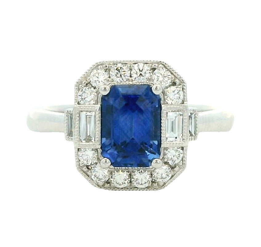 18K White Blue Sapphire and Natural Diamond Ring Size 6.5