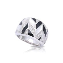 Sterling Silver "Chevron" Mother of Pearl and Black Enamel with Cubic Zirconium Ring Size 7