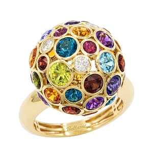 14K Yellow Gold Sphere Multi-Colored Gemstone and Natural Diamond Ring