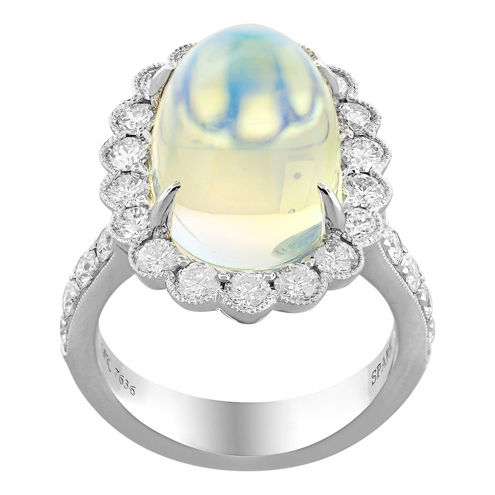 18K White Moonstone and Natural Diamond Ring Size 6.5