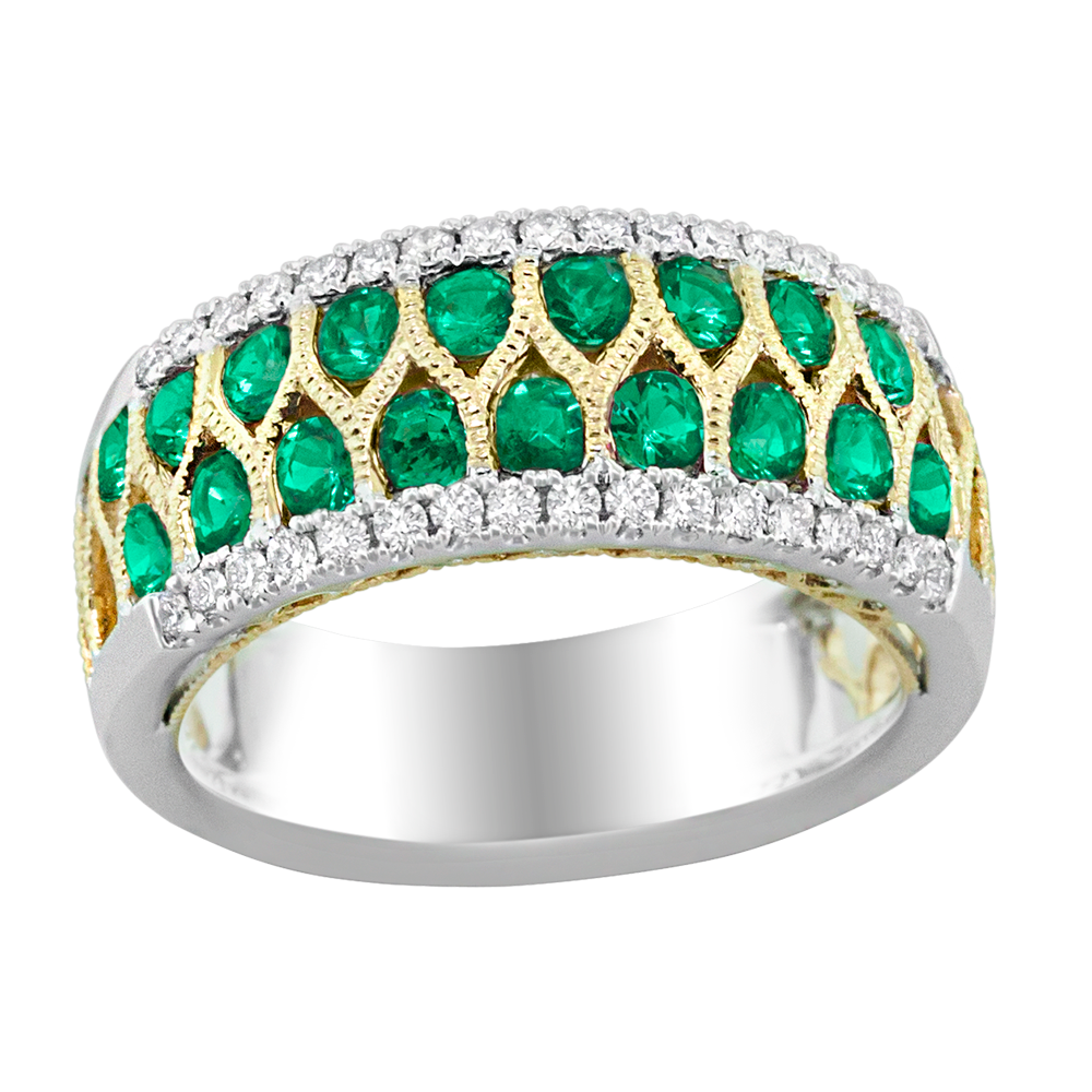 18K Yellow & White Band Emerald and Natural Diamond Ring Size 6.5