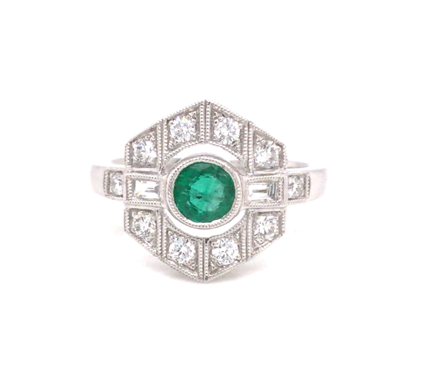 14K White Vintage Emerald and Natural Diamond Ring Size 6.5