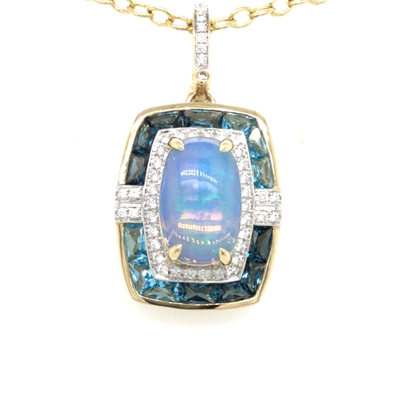 14K Yellow Opal, Blue Topaz and Natural Diamond Pendant