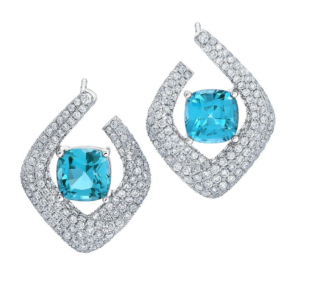 14K White Gold Chatham Paraiba Spinel and Lab Grown Diamond Earrings