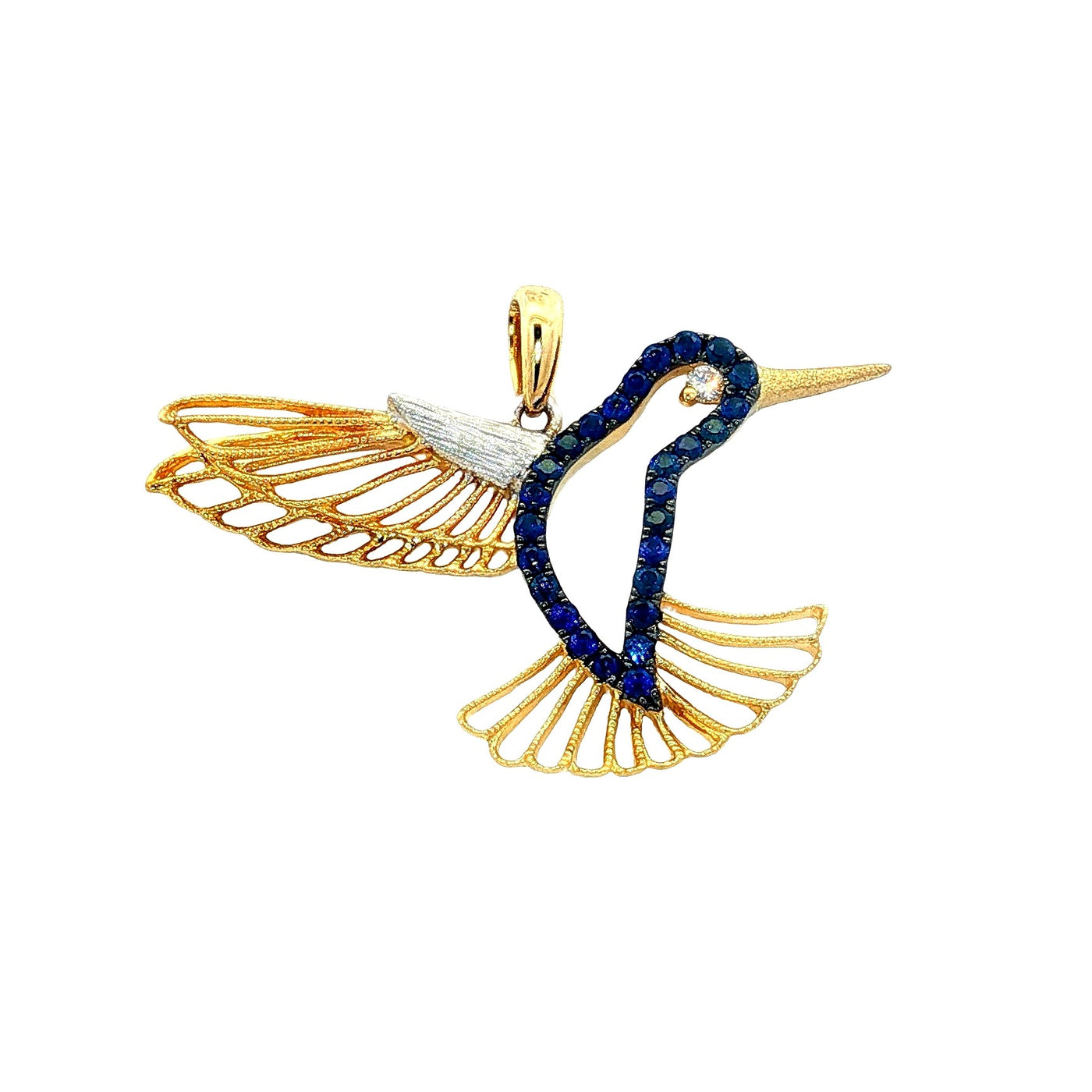 14K Yellow & White Gold Blue Sapphire and Natural Diamond Hummingbird Pendant