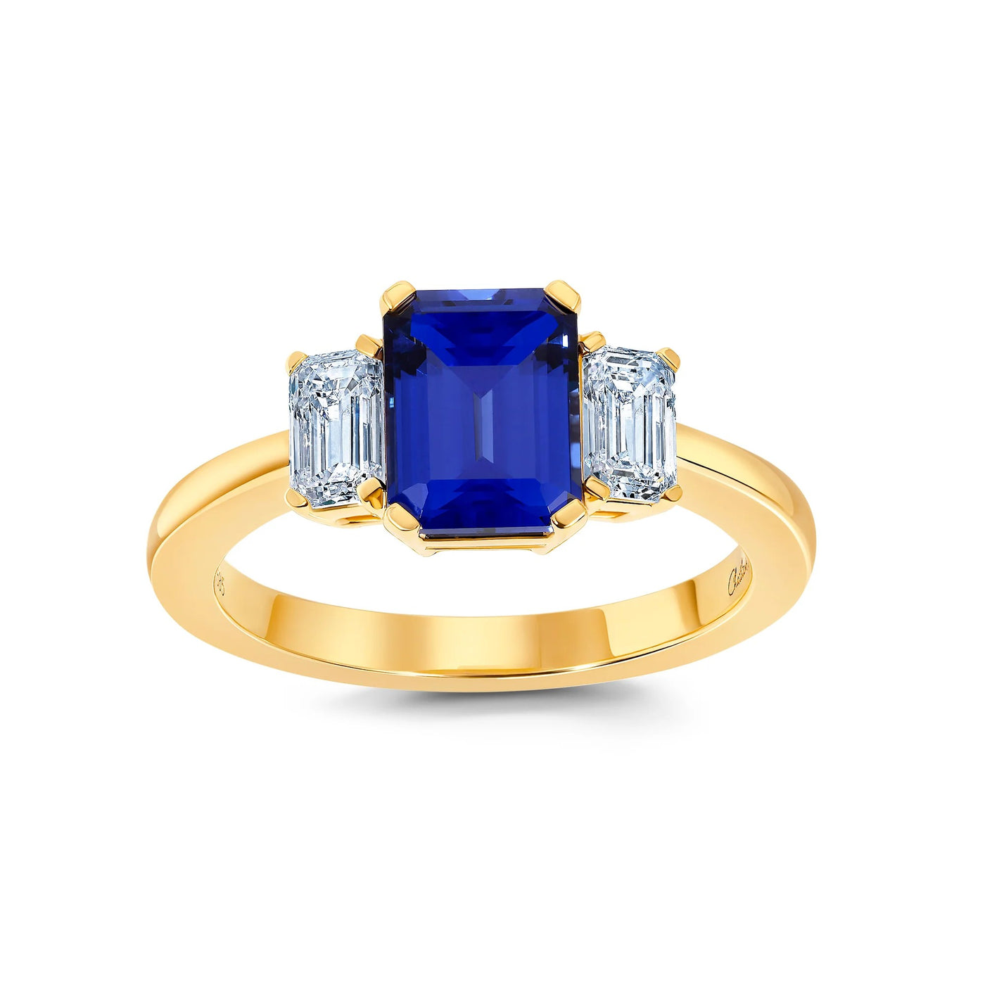 14K Yellow Gold 3 Stone Blue Sapphire and Lab Grown Diamond Ring