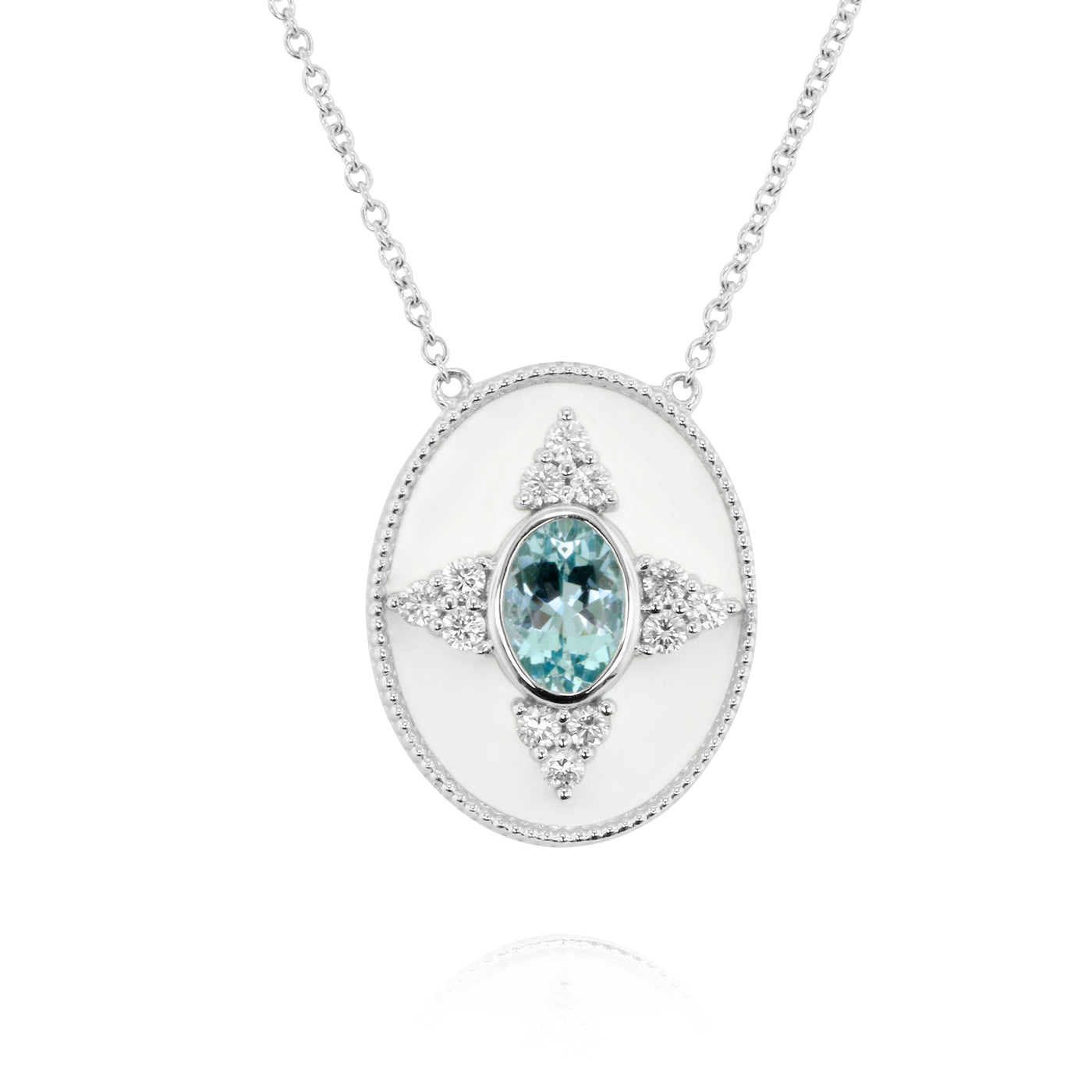 14K White Aquamarine and Natural Diamond 18 inch Necklace