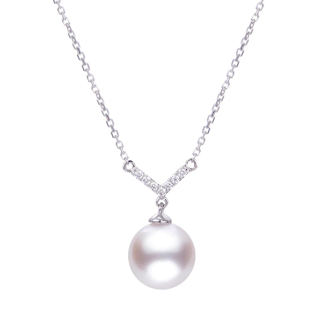 18 inch Cultured Akoya Pearl and Natural Diamond Necklace with 14K White Clasp