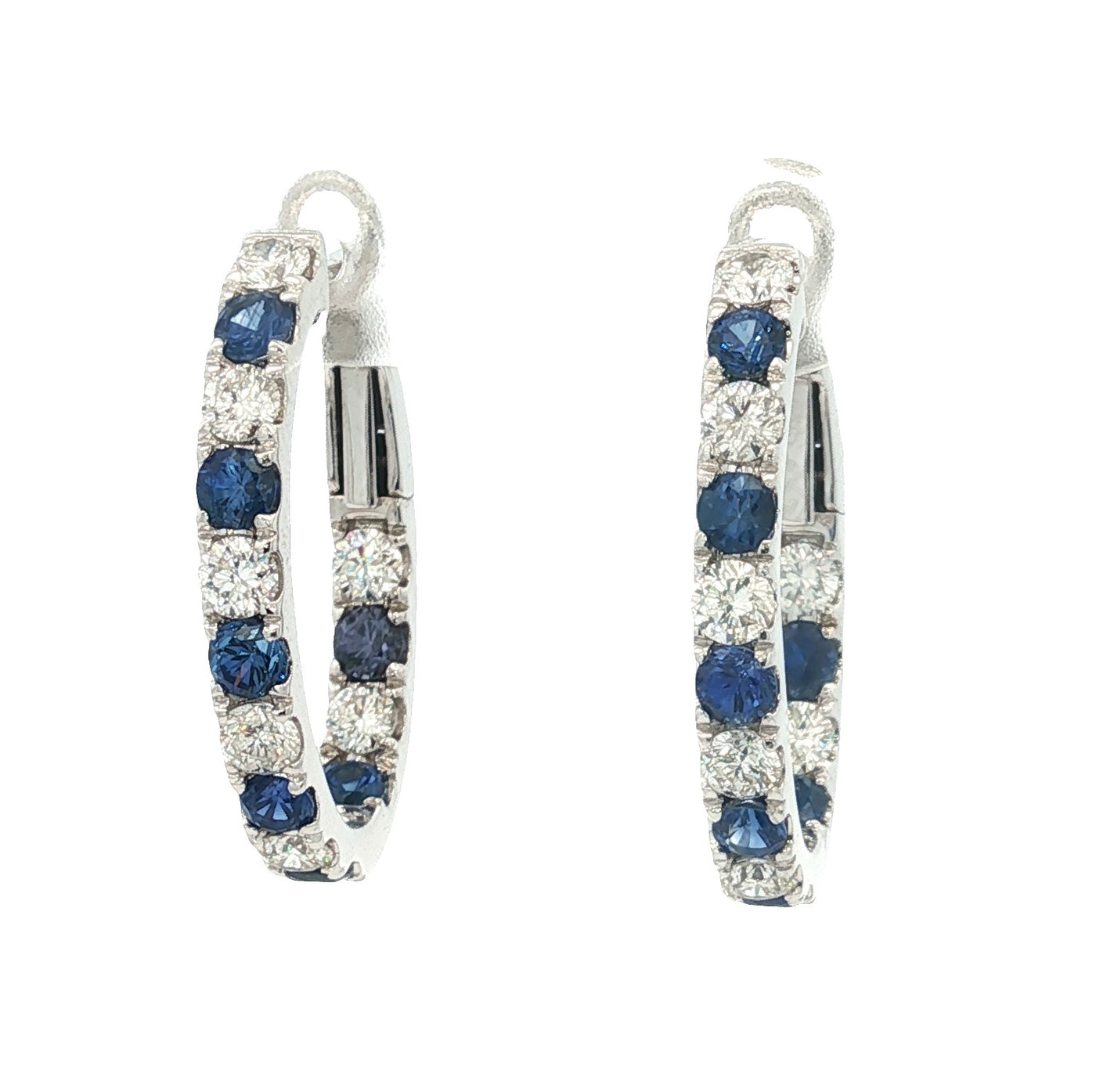 14K White Blue Sapphire and Natural Diamond Hoop Earrings