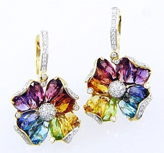 14K Yellow Multiple Gemstone and Natural Diamond Dangle Earrings