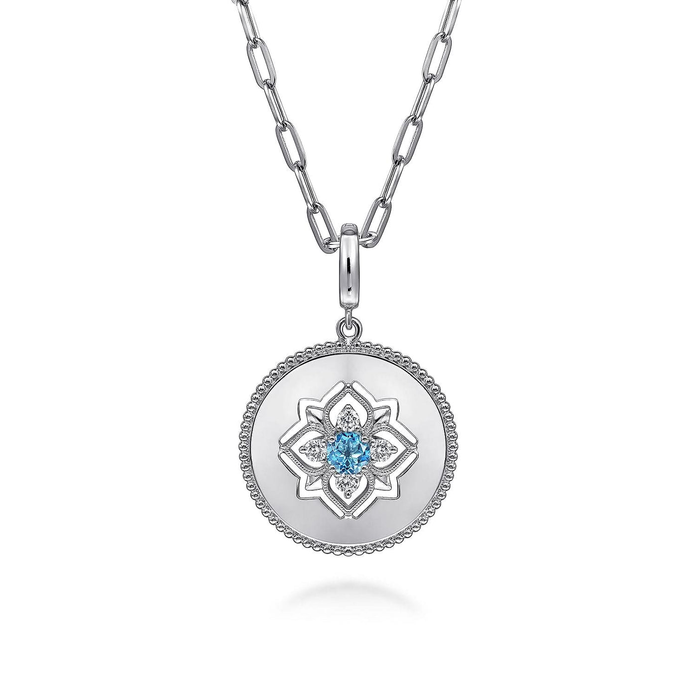 Sterling Silver Blue Topaz and White Sapphire Medallion Pendant