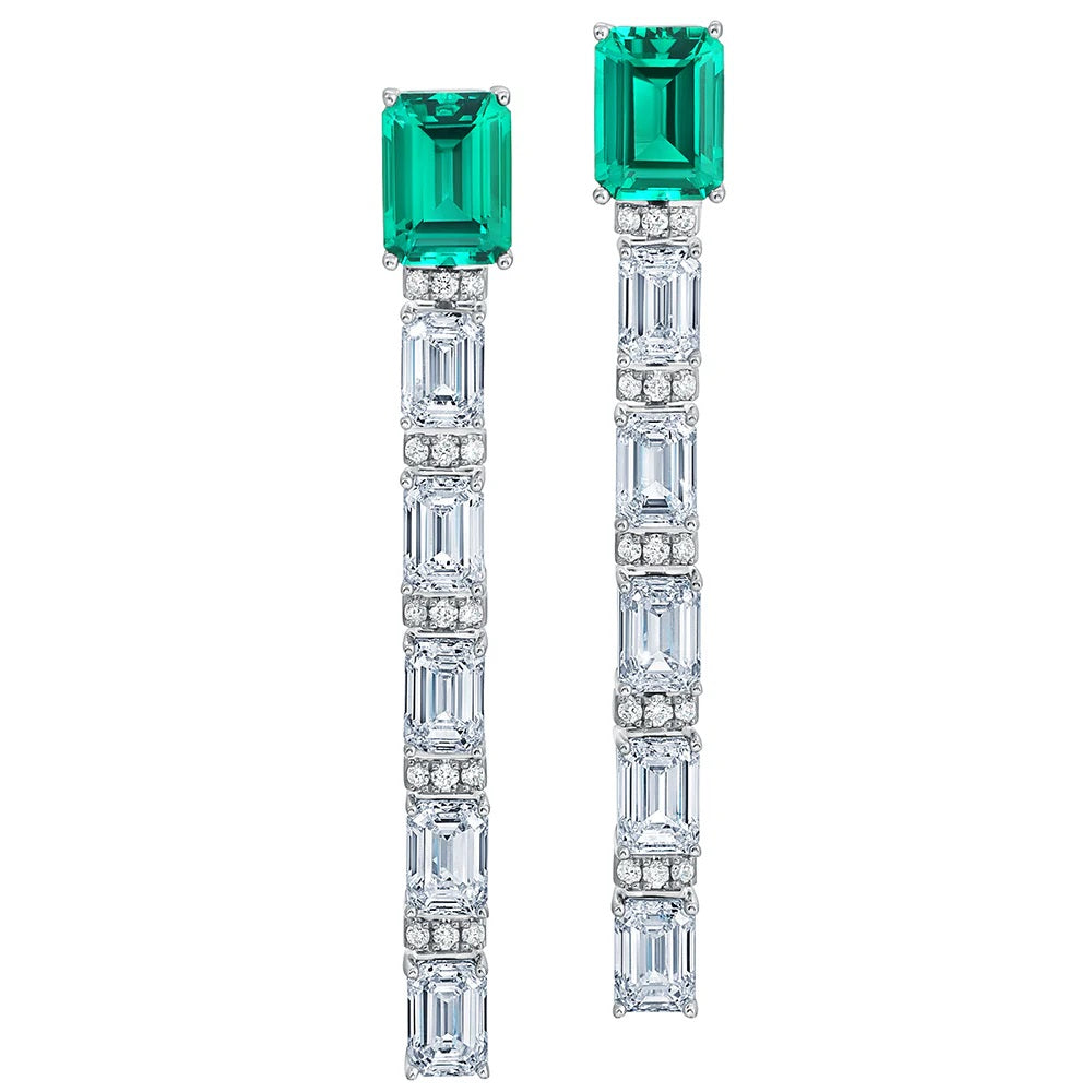 18K White Chatham Emerald and Lab Grown Diamond Earrings