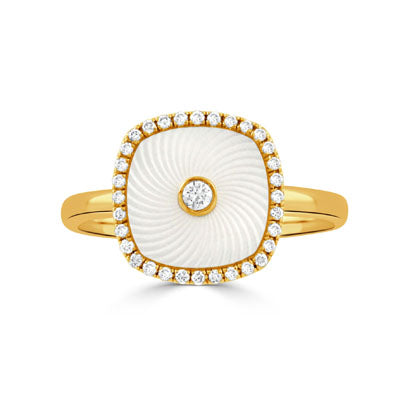 18K Yellow Starburst Mother of Pearl and Natural Diamond Ring Size 6.5
