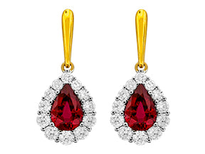 18K Yellow & White Ruby and Natural Diamond Dangle Earrings