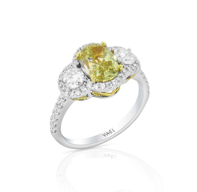 18K White & Yellow Gold 3 Stone Halo Natural Diamond Ring