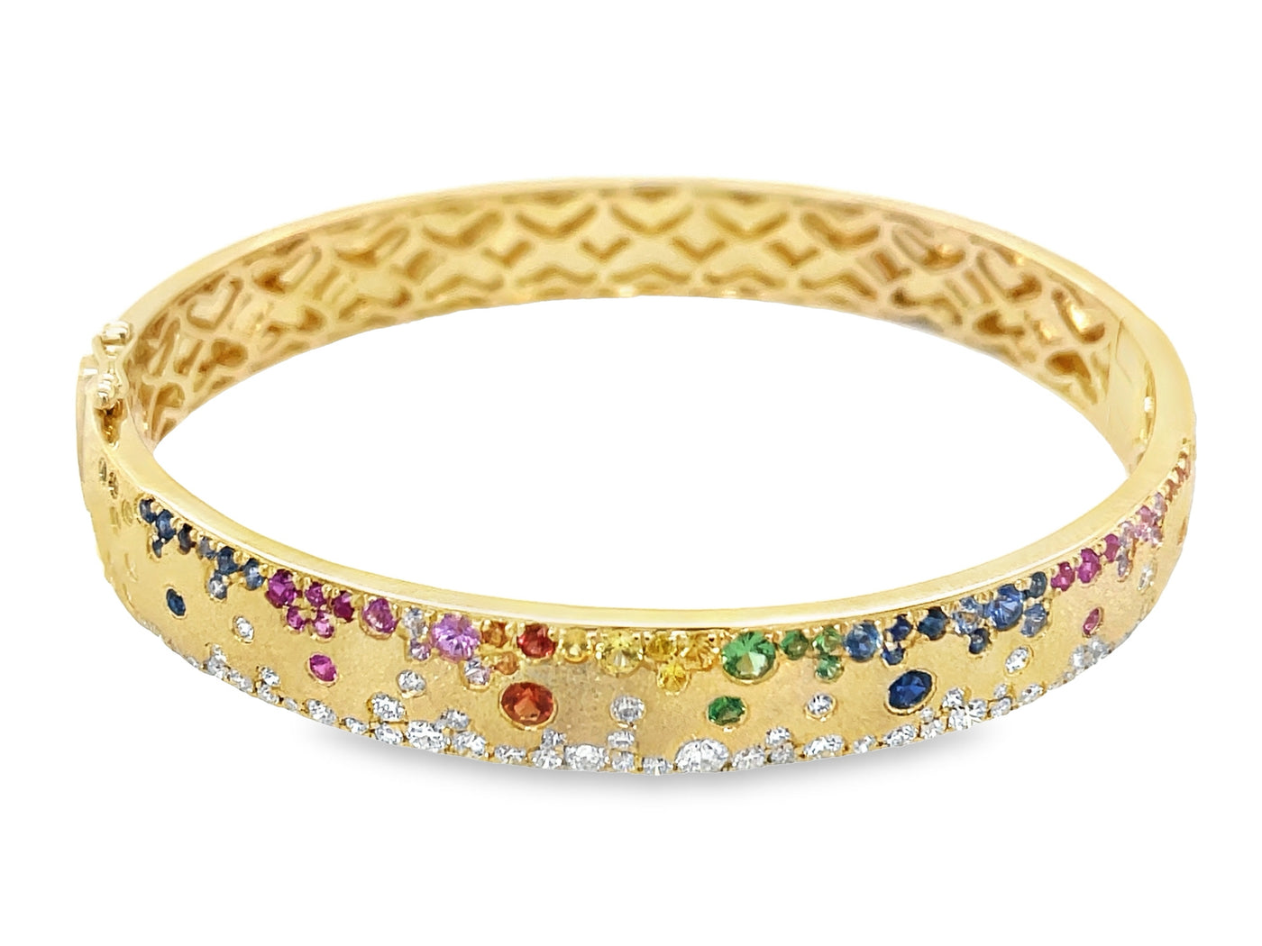 14K Yellow Multi-Gemstone and Natural Diamond Hinged Bangle Bracelet