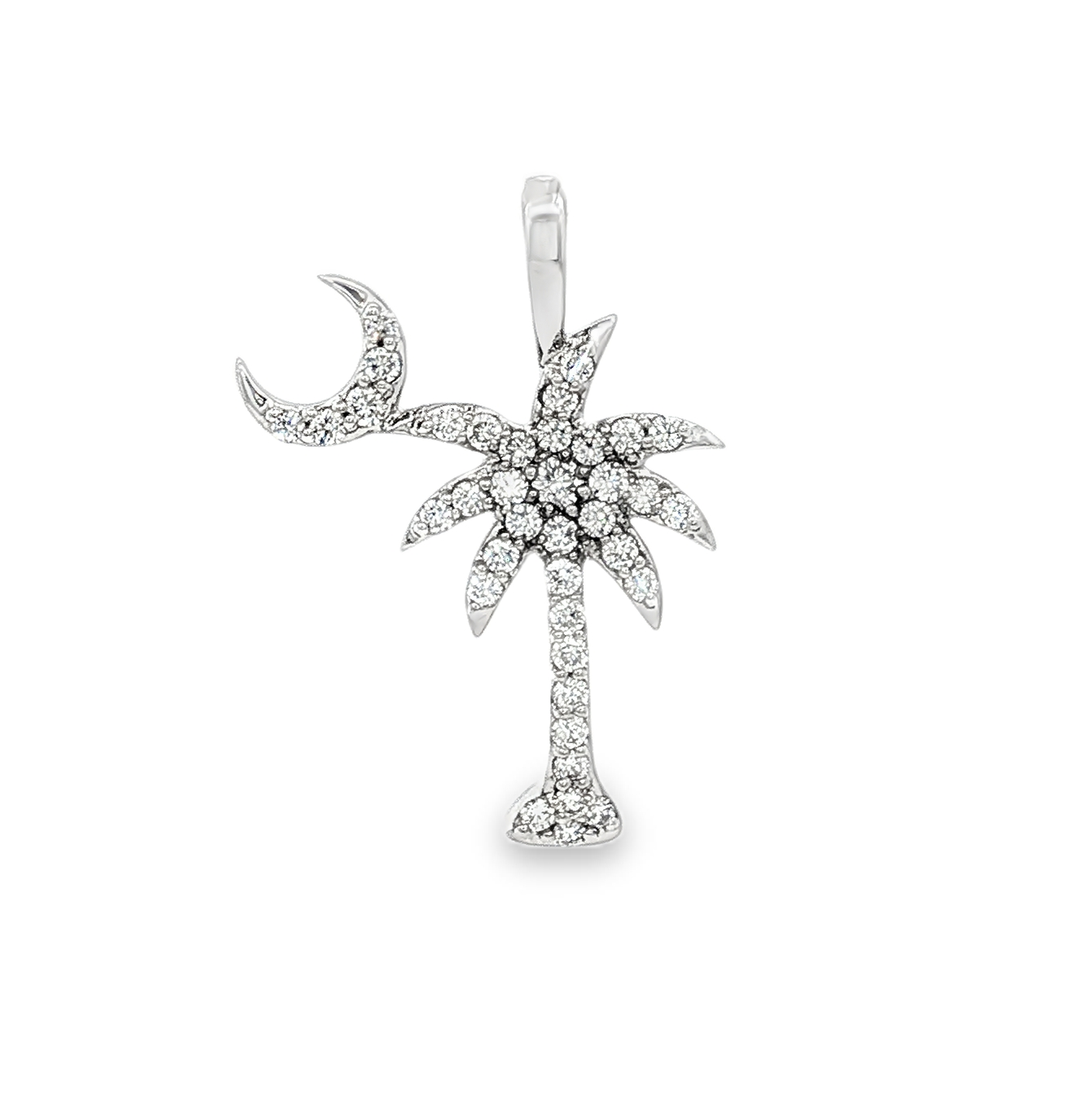14K White Natural Diamond Palm Tree w/Moon Pendant