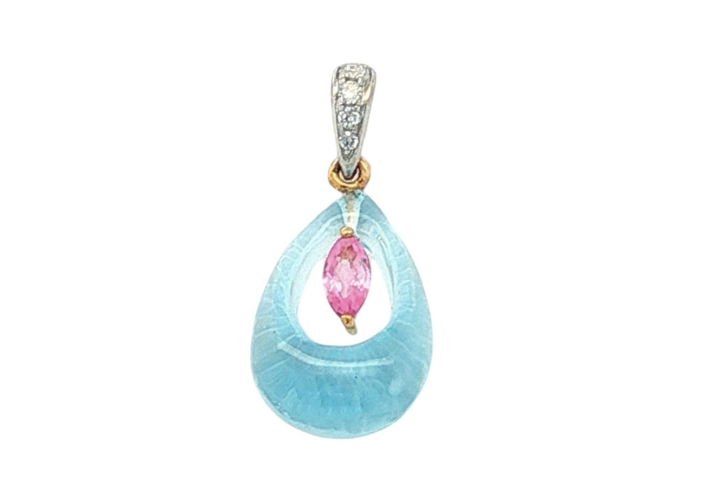 18K Yellow & White Gold Blue Topaz, Pink Sapphire and Natural Diamond Pendant